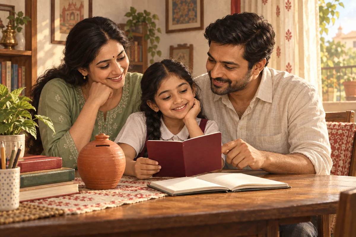 Illustration of parents and their daughter planning together at home
