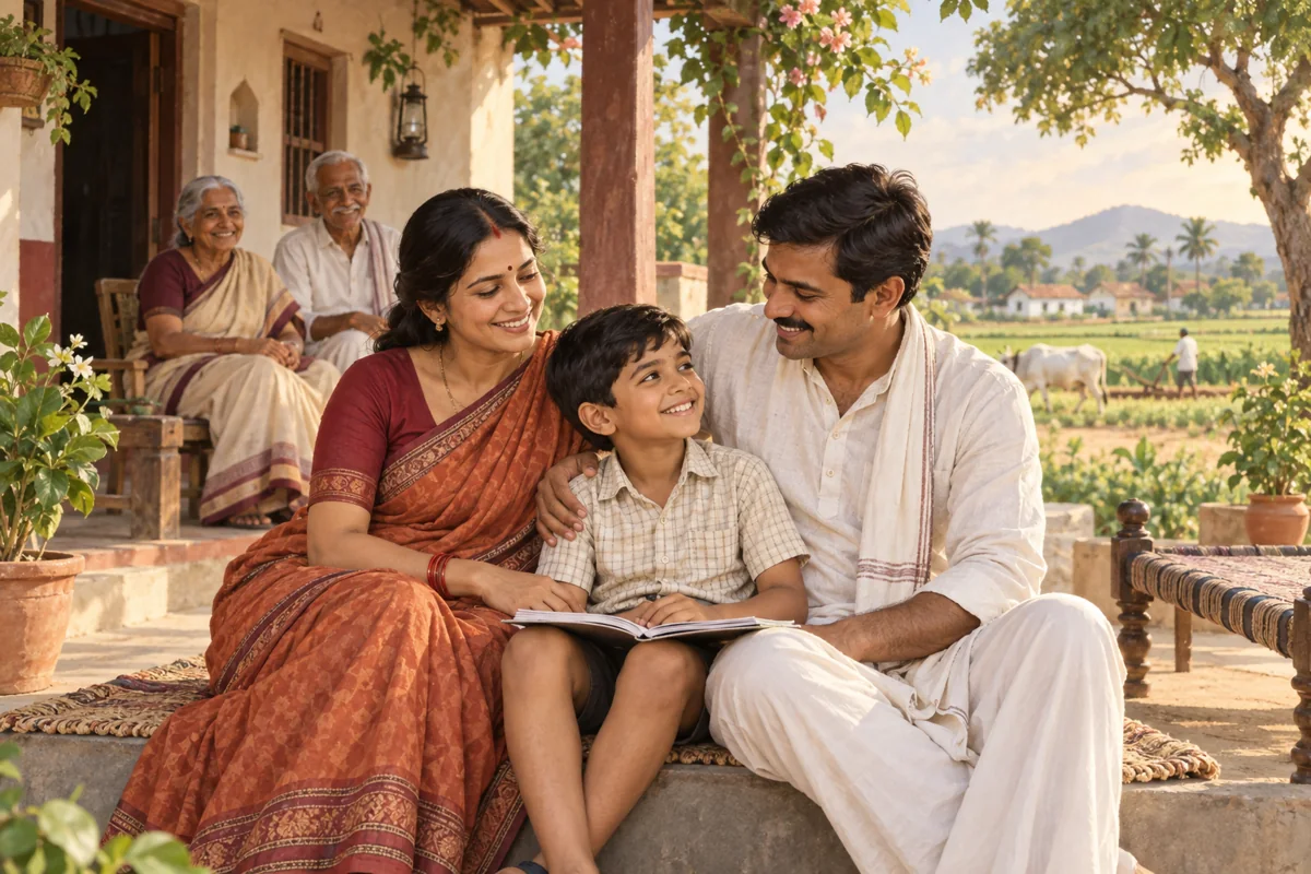 Illustration of a family together on the veranda of their village home